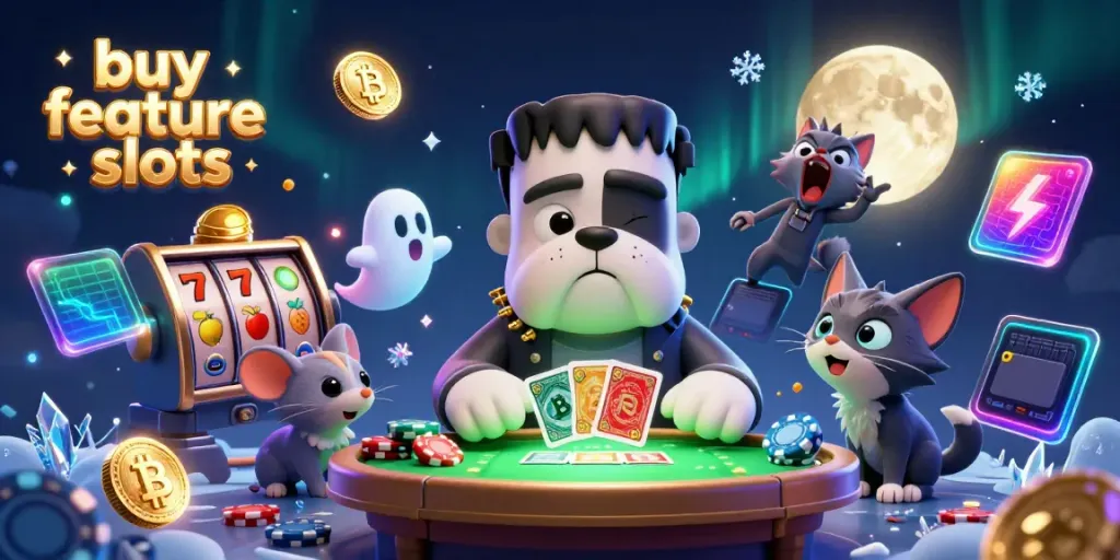 Experience thrilling buy feature slots with a unique 3D casino scene featuring interactive characters and vibrant elements.