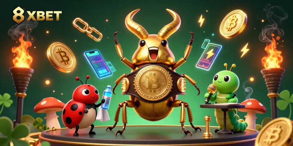 Engage with 8XBET's vibrant casino scene featuring animated characters and crypto elements.