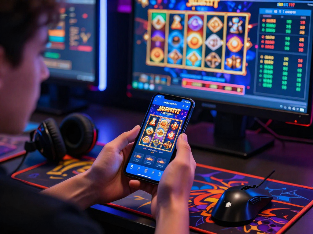 Player enjoying the INDOSATOTO app with colorful slot graphics and jackpot trends.