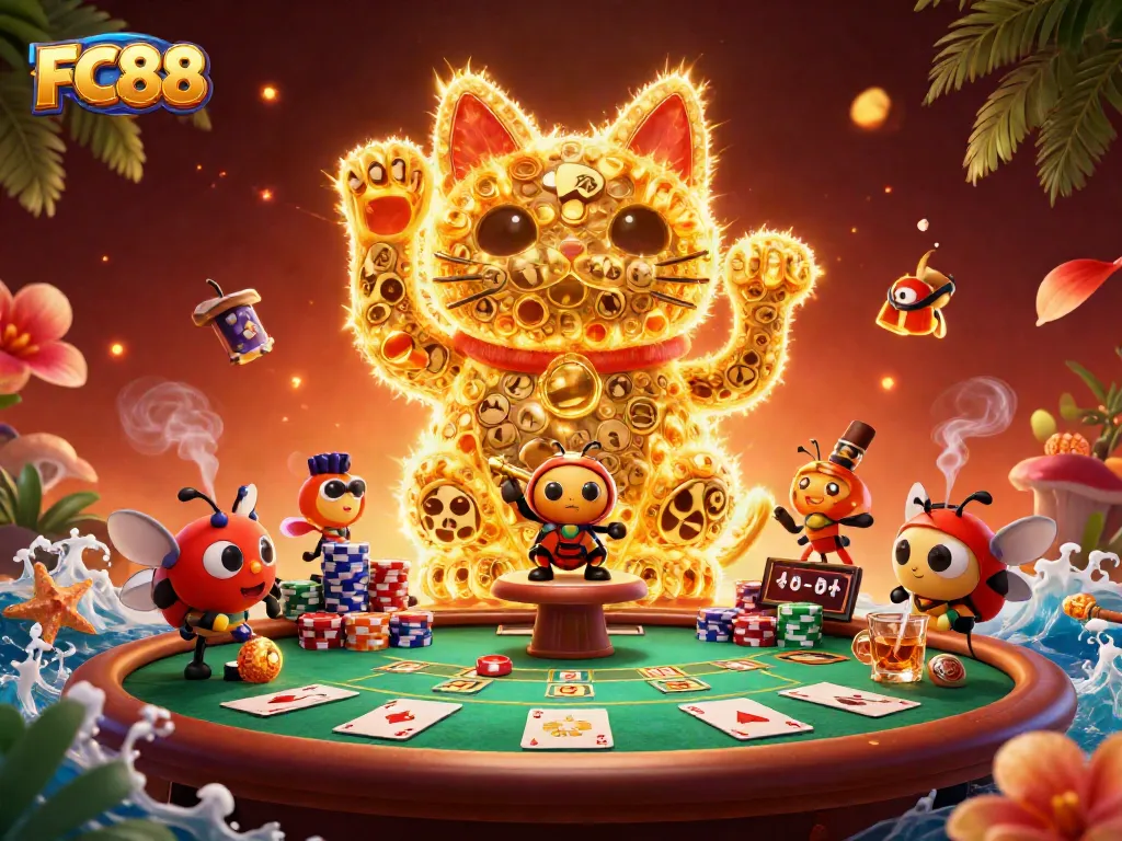 Experience thrilling gameplay at FC88 with a festive golden lucky cat and poker excitement.