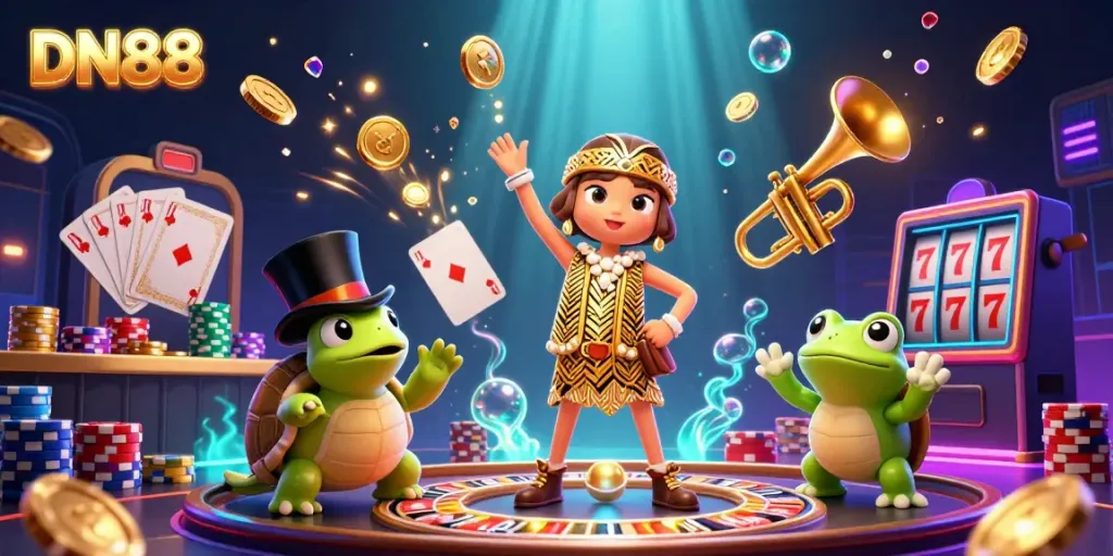 Experience thrilling gameplay at DN88 with a vibrant 3D casino scene showcasing energetic characters and dazzling gaming elements.