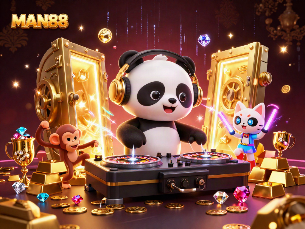 Engage with exciting MAN88 gaming action featuring a DJ panda and gleeful characters in a vibrant casino