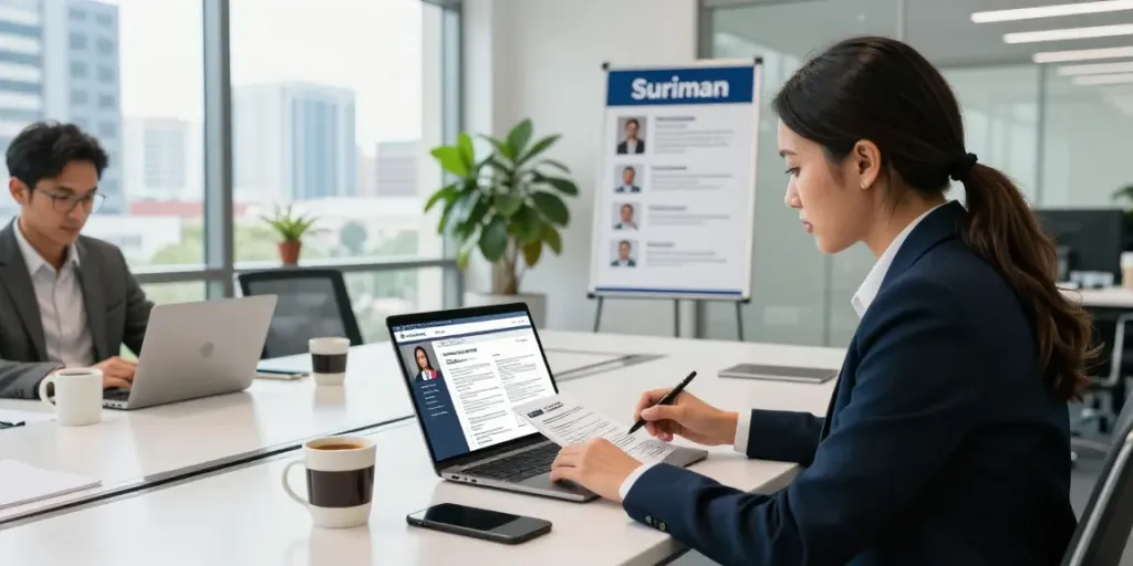 suriname recruitment in a vibrant urban office setting with consultants reviewing candidate resumes and job openings.