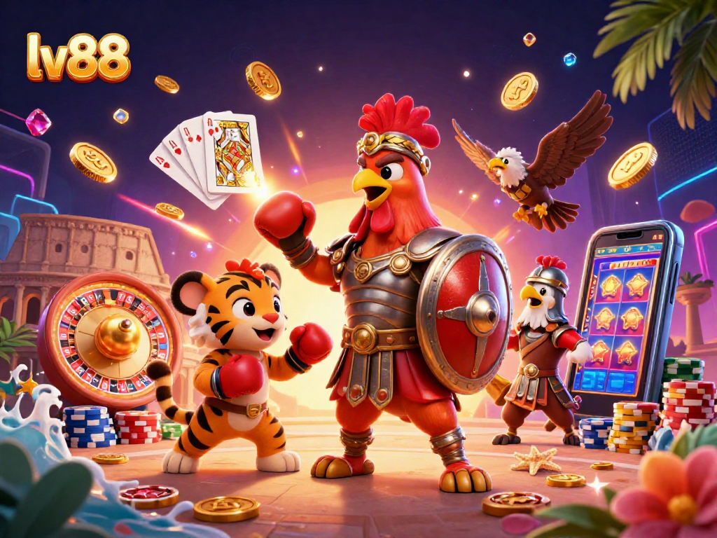 Experience thrilling action at lv88 with a dynamic scene of a gladiator rooster and gaming elements.