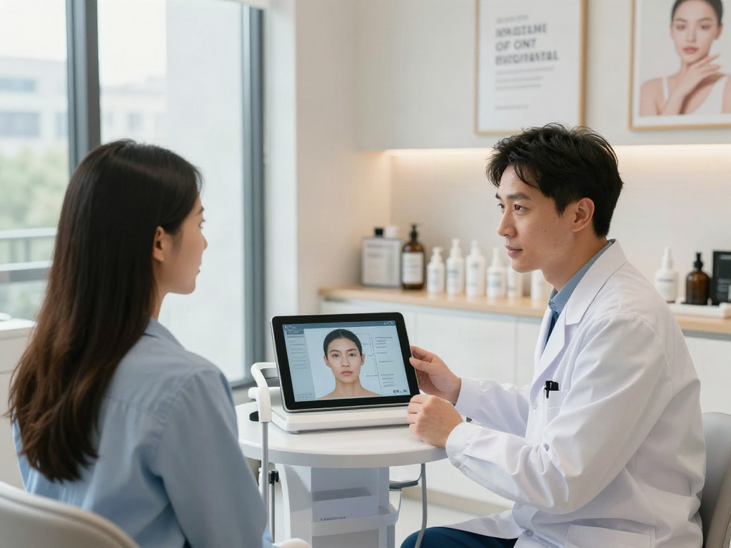 ClinicEvo vs QOVES consultation scene showcasing professional facial analysis and personalized skincare