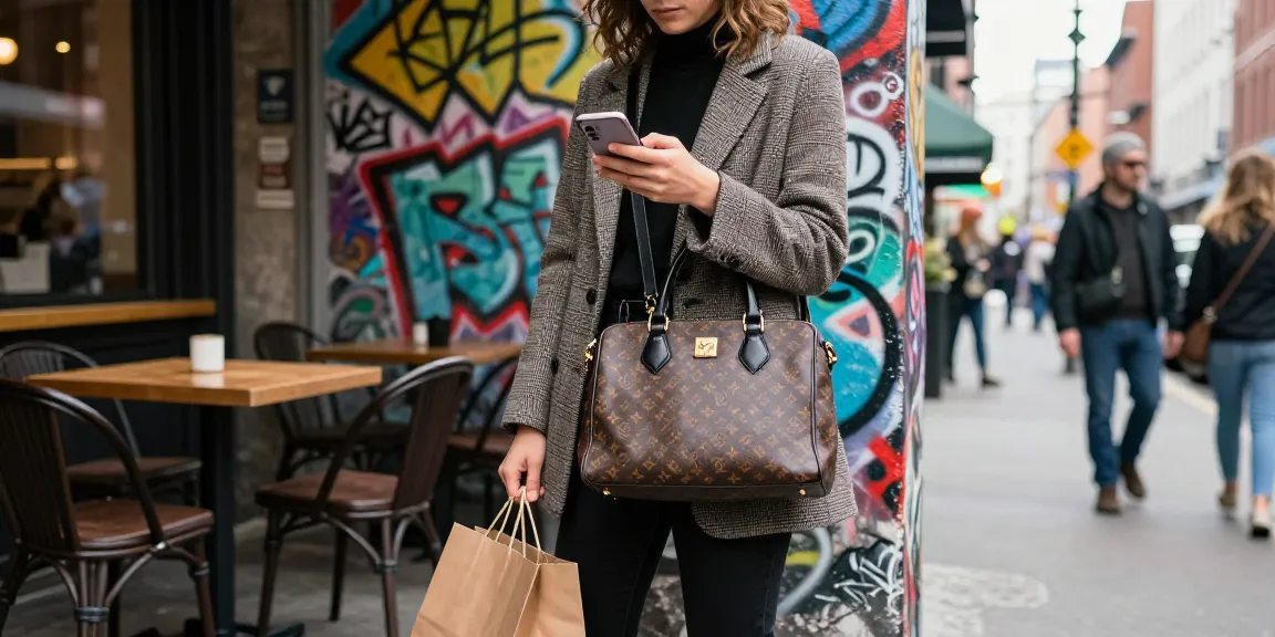 Chic individual in urban setting showcasing a stylish 레플리카 사이트 handbag, embodying modern fashion trends.