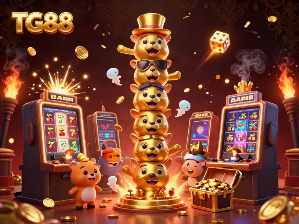 Experience the excitement of TG88 with vibrant casino elements and animated characters in a stunning 3D illustration.