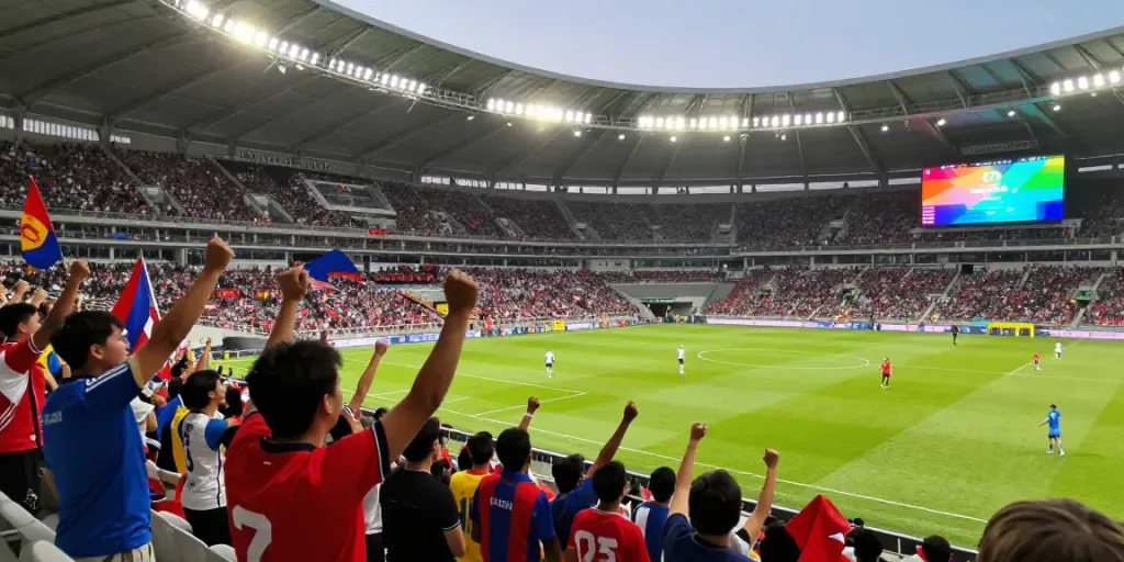 Live football match atmosphere at tebakskor889.org with fans cheering passionately.