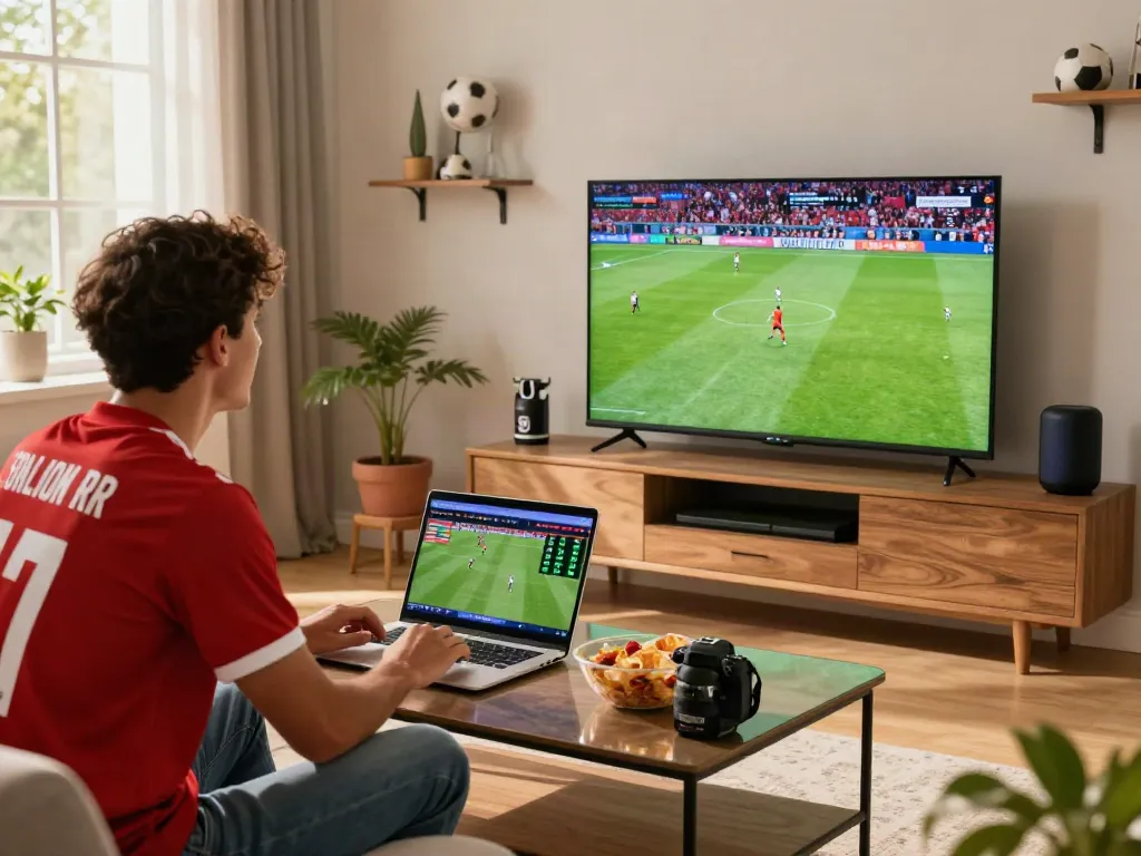 Excited football fan enjoying a match live while checking gà vàngtv scores on a laptop and surrounded by sports memorabilia.