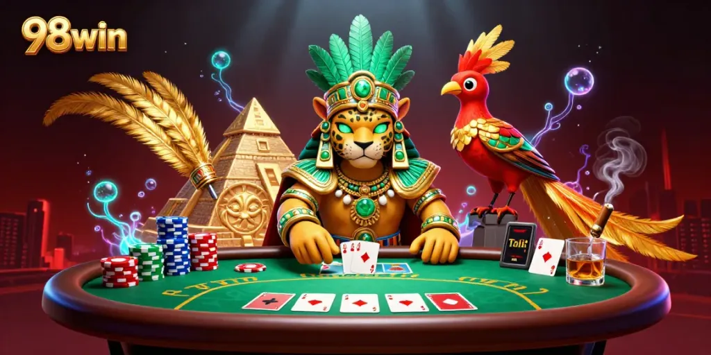 Engage with 98win's immersive casino scene featuring vibrant characters and dynamic game elements.