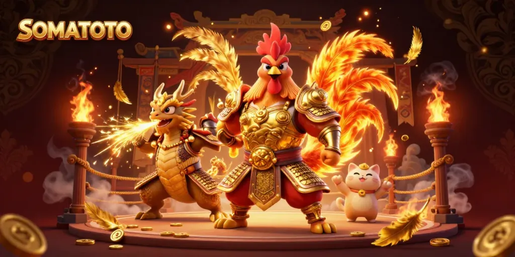 Experience incredible action with SOMATOTO, featuring a golden-armored rooster and dragon in an electrifying casino scene.