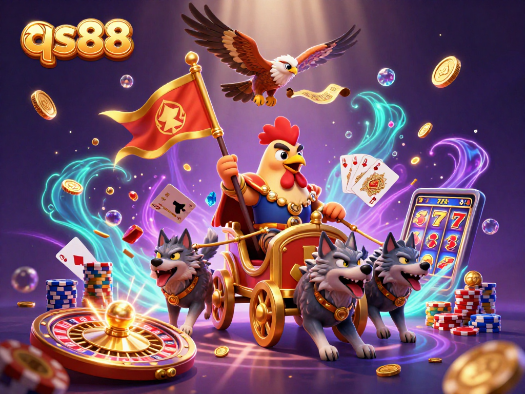 qs88 showcases a vibrant 3D casino battle scene with a rooster warlord, golden coins, and poker elements.