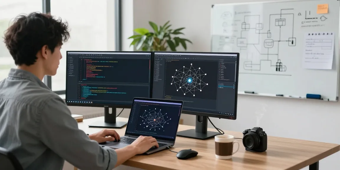 快连 user optimizing network performance in a modern tech workspace with dual monitors and coding tools.