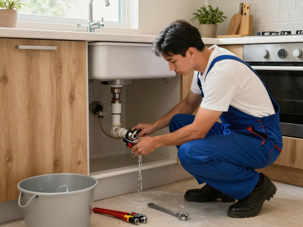 Emergency plumber Fort Worth fixing a leaking kitchen sink with tools, highlighting urgent home repair.