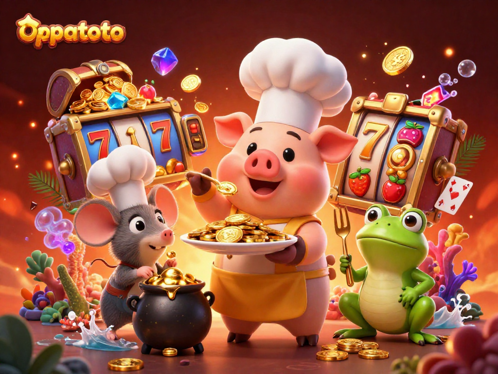 Win big with oppatoto through vibrant casino-themed illustration showcasing excitement and luxury.