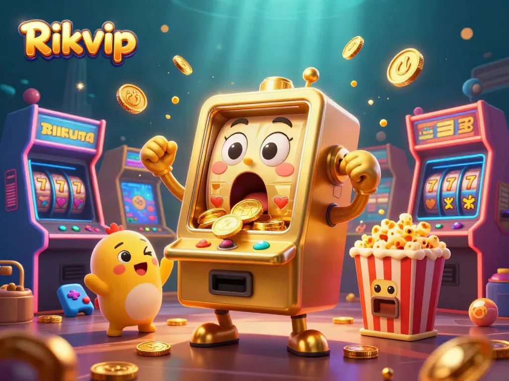Experience the excitement of Rikvip with a lively scene showcasing a golden slot machine celebrating its jackpot.