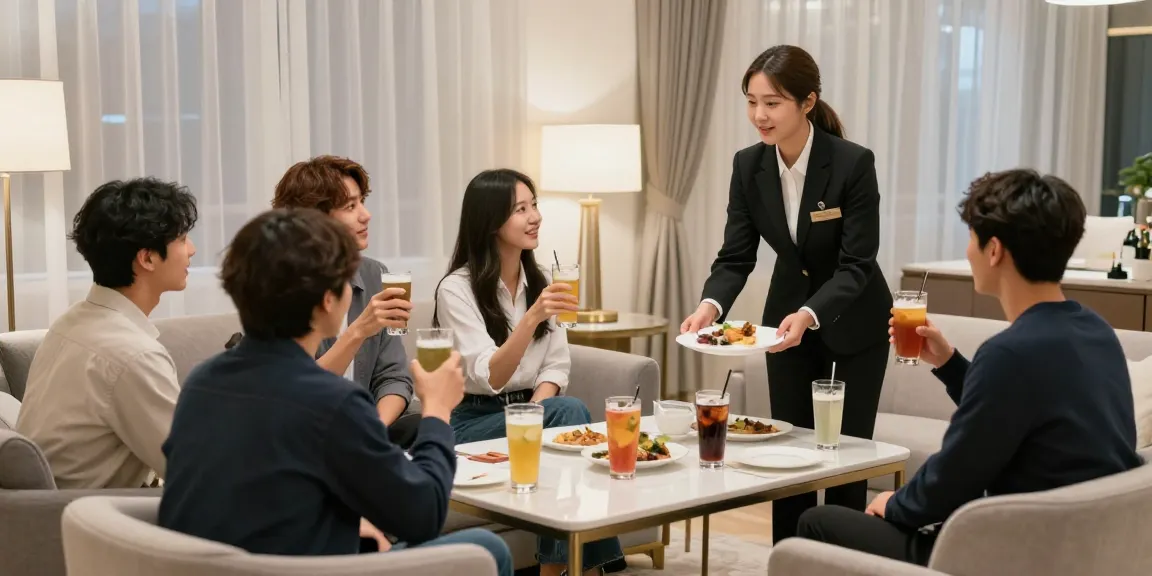 강남 구구단에서 친구들과 대화를 나누는 모습, 세련된 인테리어와 조명