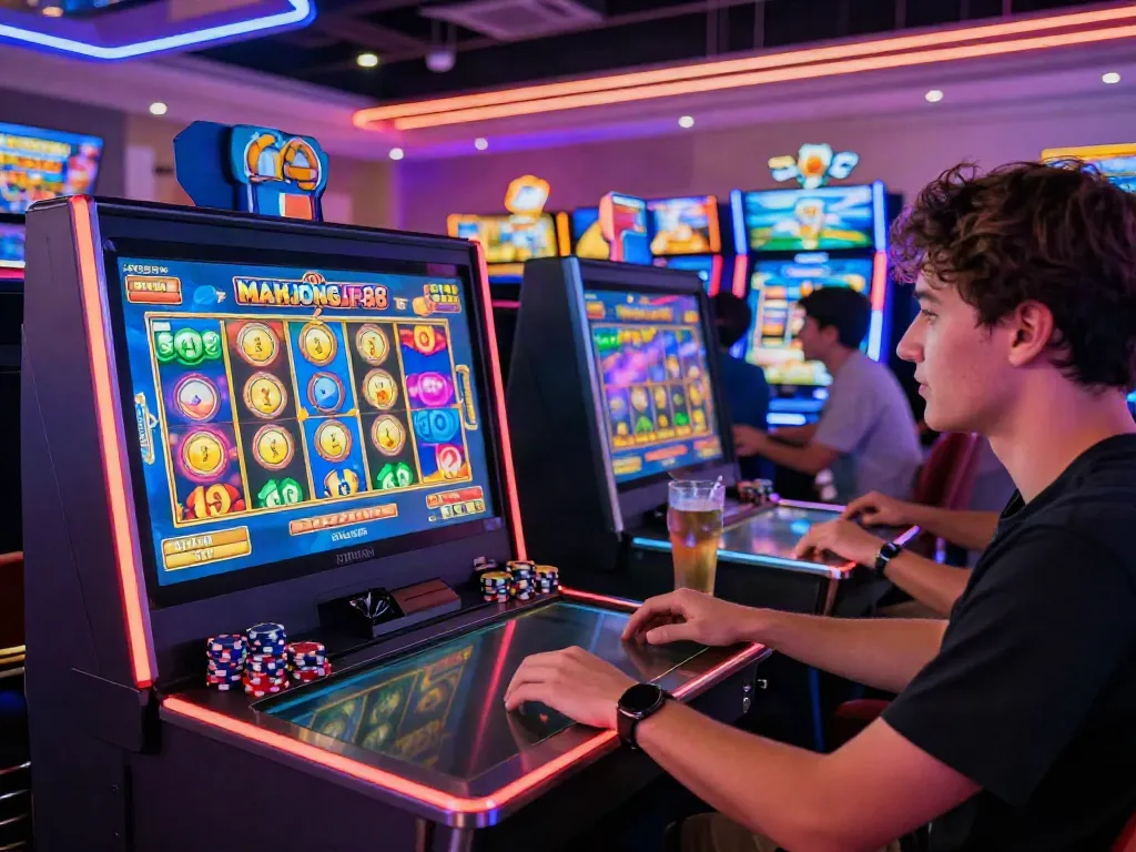 Exciting gaming scene featuring a player engaged with the Slot MAHJONGJP88 touchscreen in a vibrant online casino.