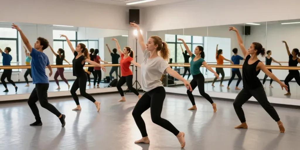Dancers at kineticsynergydancecompany.com rehearsing in a vibrant studio