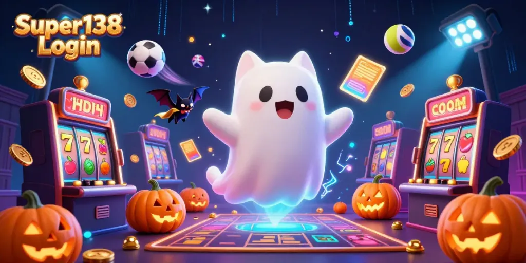 Experience the excitement of Super138 Login in a vibrant haunted casino scene featuring fun characters and game elements.