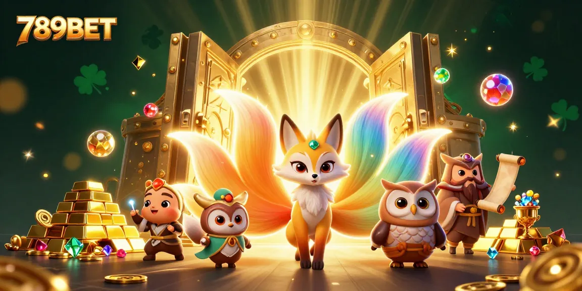 Experience thrilling wins with 789BET's magical casino adventure illustration featuring vibrant characters and treasures.
