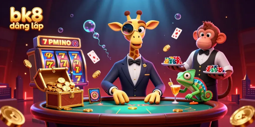 Experience the vibrant world of bk8 đăng nhập with high-roller giraffe, monkey valet, and chameleon bartender in a casino setting.