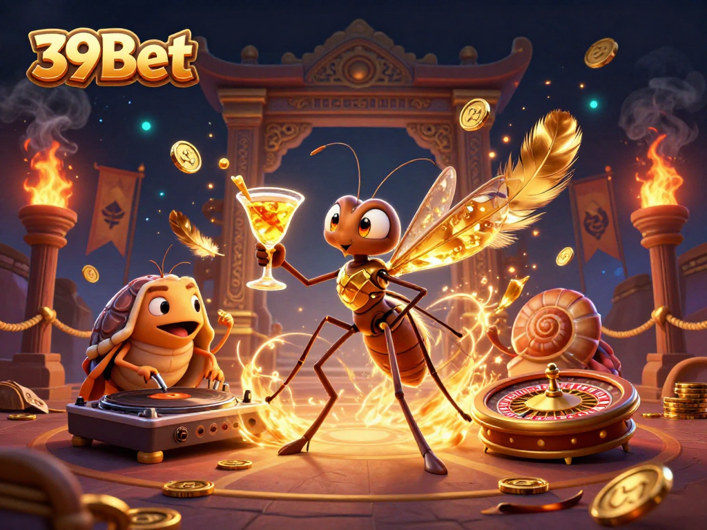 Engage with 39Bet's thrilling experience, featuring a vibrant casino mascot and dynamic roulette scene.