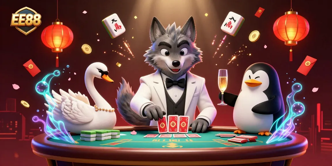 Join the excitement at EE88 with a vibrant casino scene featuring a debonair wolf, elegant swan, and penguin sommelier.