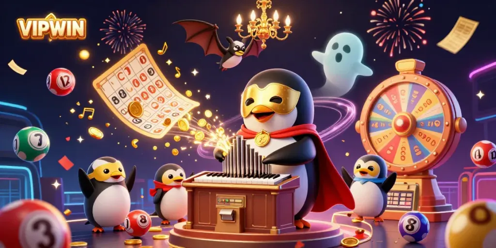 VIPWIN showcases a cartoon penguin playing a pipe organ of fortune, surrounded by festive game elements.
