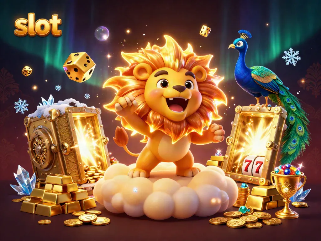 Slot menarik melalui petualangan visual dengan singa kartun dan simbol permainan.