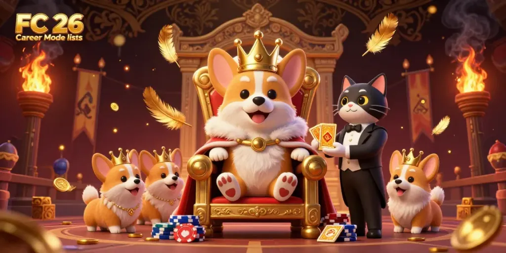 Experience FC 26 Career Mode lists with a stunning scene of a royal corgi on a poker chip throne.