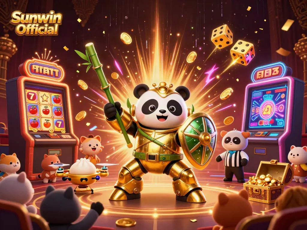 Experience thrilling victories with Sunwin Official, highlighted by a golden panda piloting a unique gaming robot amidst a jackpot scene.