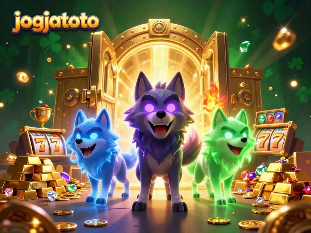 Experience thrilling wins at jogjatoto with a vibrant 3D casino scene highlighting a treasure vault and ghostly wolves.