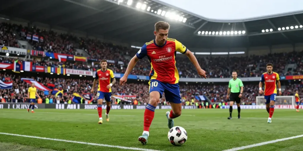 High potential players in FC 26 featuring a soccer player dribbling on the field amidst a vibrant stadium crowd.