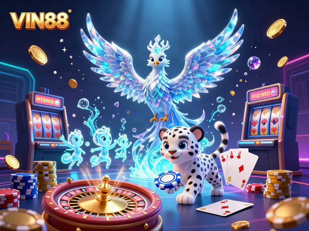 Experience the excitement of VIN88 with this vibrant casino-themed 3D illustration, showcasing thrilling gaming elements.