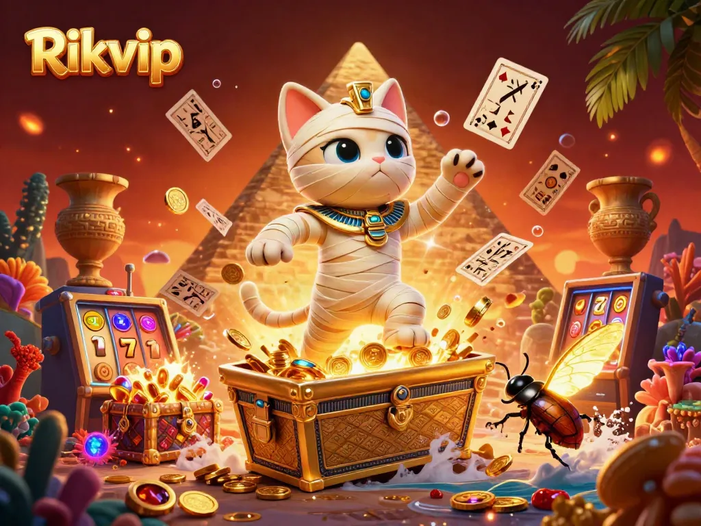 Experience thrilling action with Rikvip as the 3D mummy cat bursts from a sarcophagus in a vibrant casino scene.