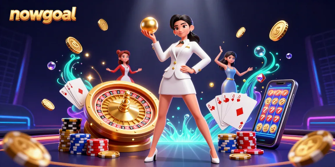 Experience live updates on nowgoal with vibrant casino elements and a stunning Asian woman in a tuxedo.