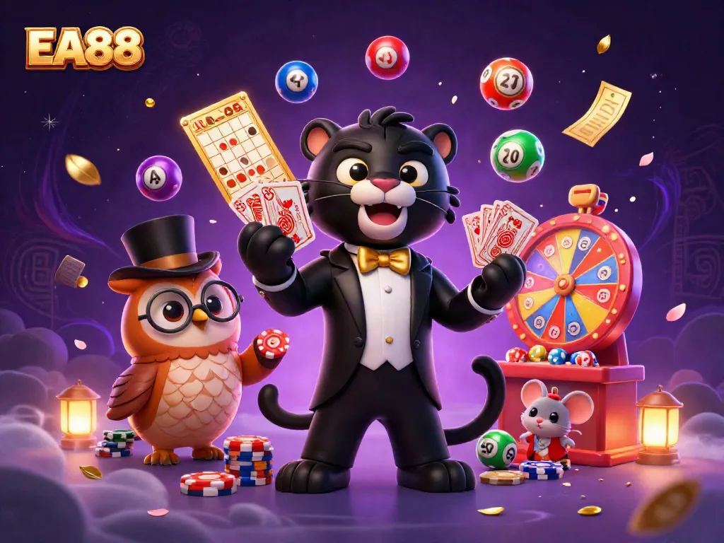 Engaging EA88 illustration showcasing a stylish black panther dealer, an owl with poker chips, and a lucky mouse amidst colorful games elements.