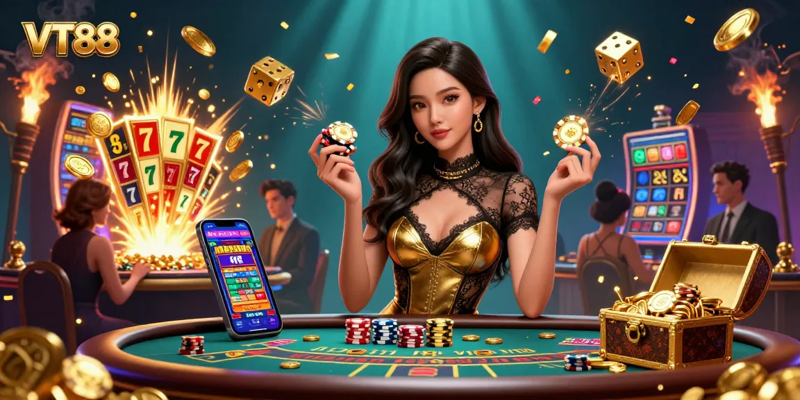 Engage in excitement at VT88's exclusive VIP baccarat table with golden chips and jackpot moments.
