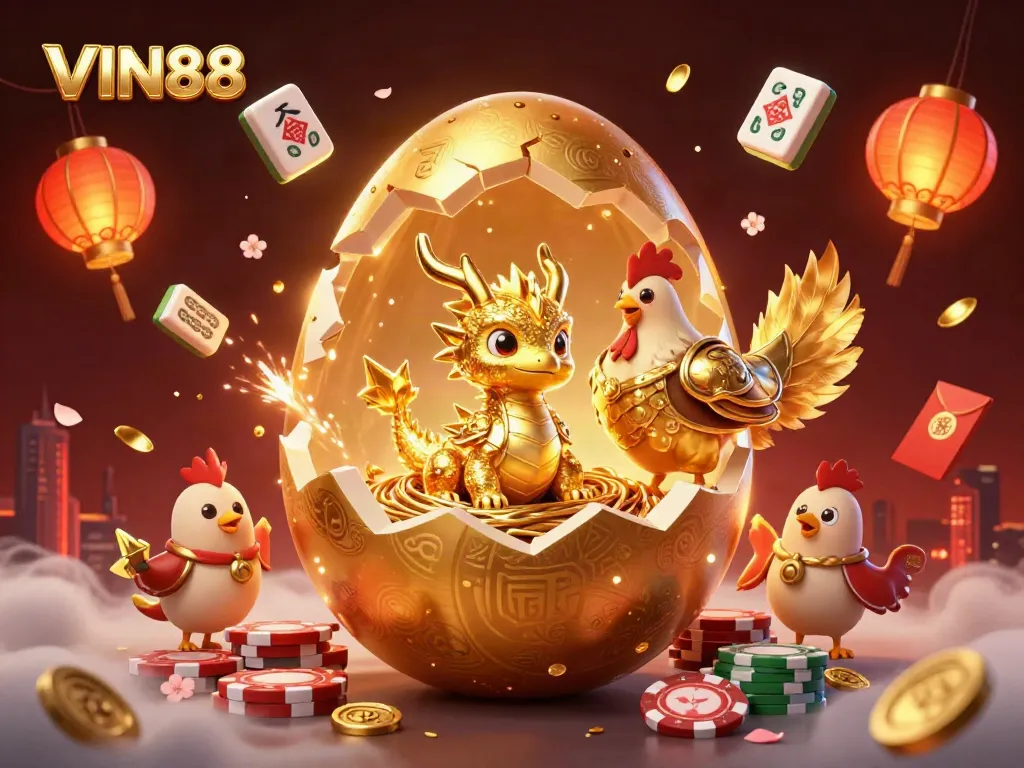 Experience thrilling moments at VIN88 with a radiant golden dragon and poker chips in a vibrant casino scene.
