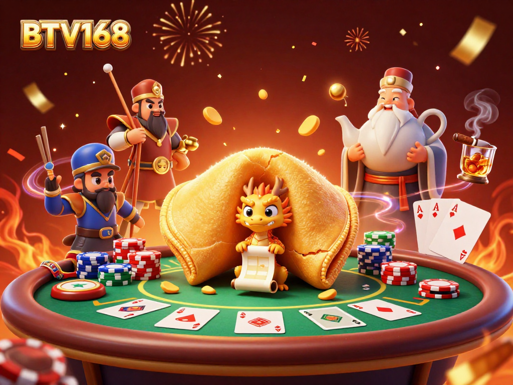 BTV168 captivates with a vibrant, ultra-detailed 3D casino scene of fortune, poker chips, and celebration.