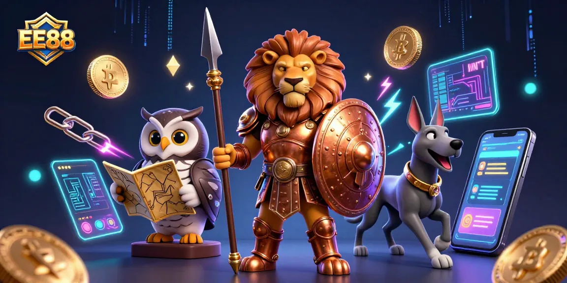 EE88 casino vibrant illustration showcasing a Spartan lion, owl strategist, and greyhound messenger amidst crypto elements.