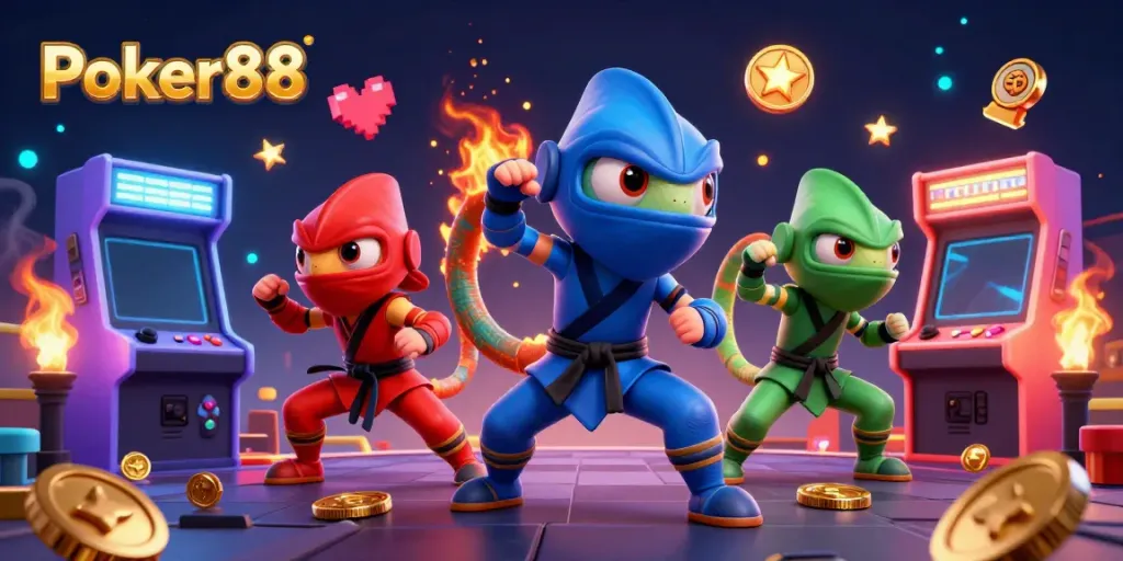 Engage with Poker88's vibrant casino gaming experience, featuring dynamic ninja chameleons in action.