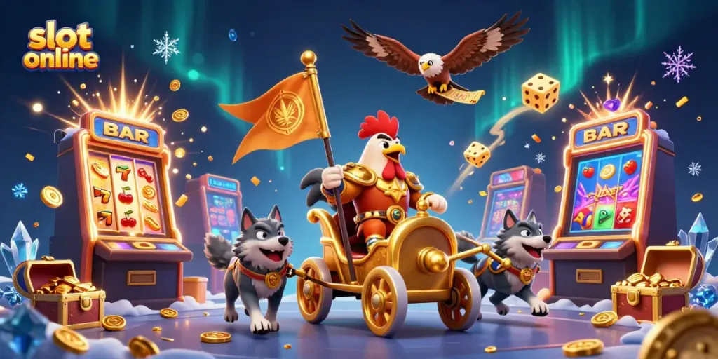 Experience thrilling gameplay with slot online featuring a cartoon rooster warlord and jackpot elements bursting with excitement.