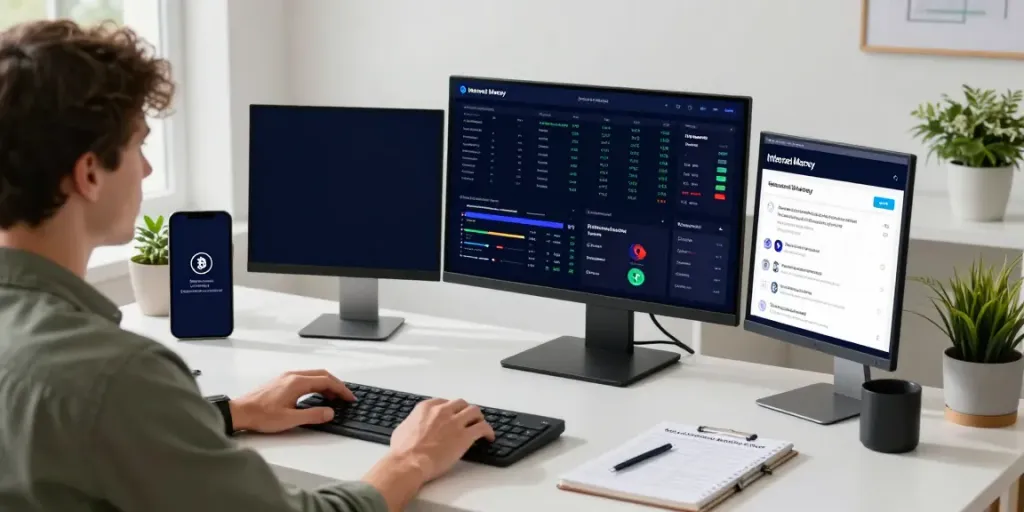 Focused individual exploring https://internet-money.co in a modern workspace with dual monitors and smartphone.