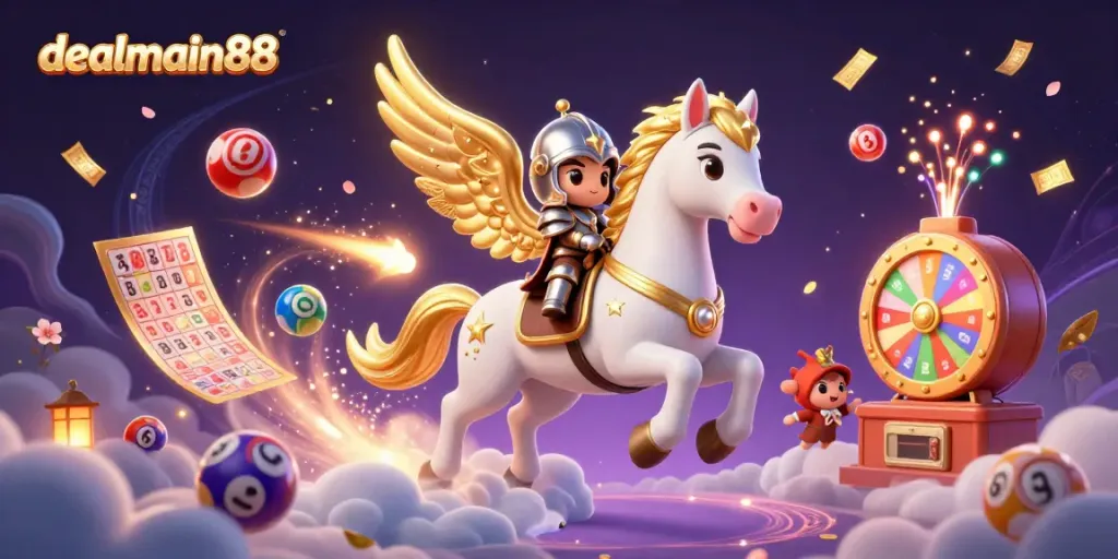 Engage with dealmain88's vibrant lottery scene featuring a celestial horse, colorful balls, and dynamic gaming elements.