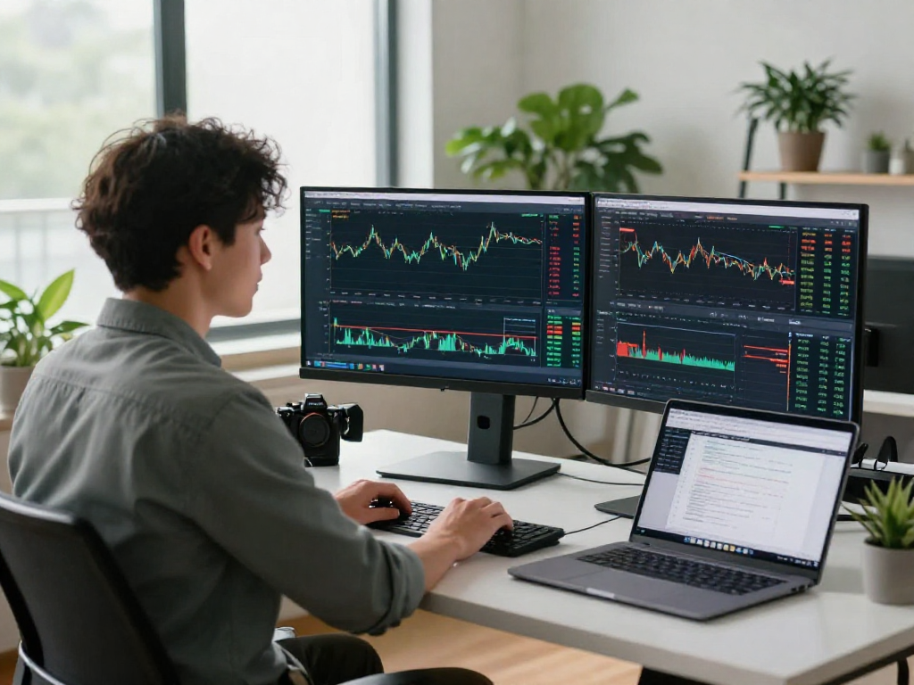 Dynamic trading environment showcasing metatrader 5 with market charts, multiple monitors, and trader analysis.