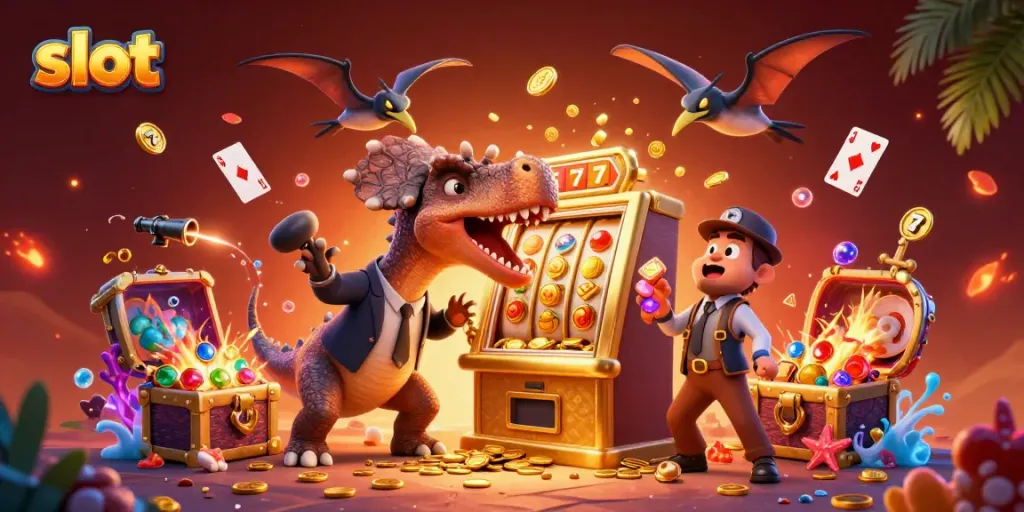 Slot mesin dengan dino bersenang-senang di kasino yang penuh koin emas.