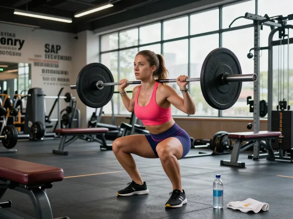 Woman performing a barbell squat in a fitness studio, illustrating the journey to comprare steroidi orali for muscle enhancement.