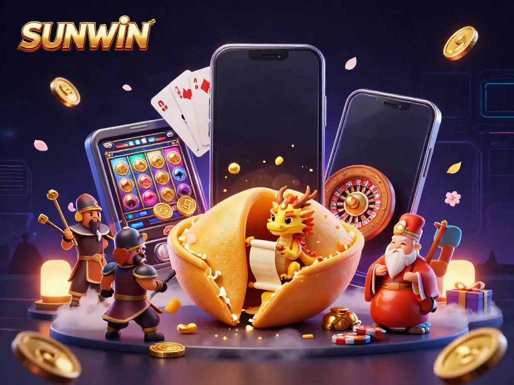 Experience the excitement of SUNWIN with golden treasures, slot games, and rich casino elements.